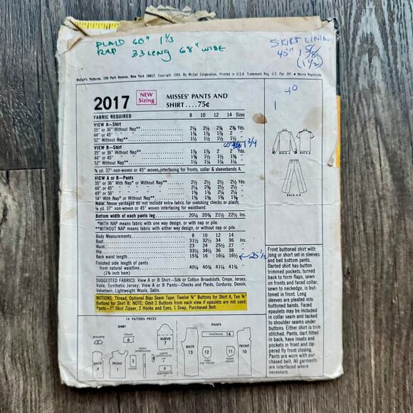 Vintage 1960s McCalls 2017 Sewing Pattern Size Sm Button Up Flare Pants COMPLETE - Picture 2 of 2